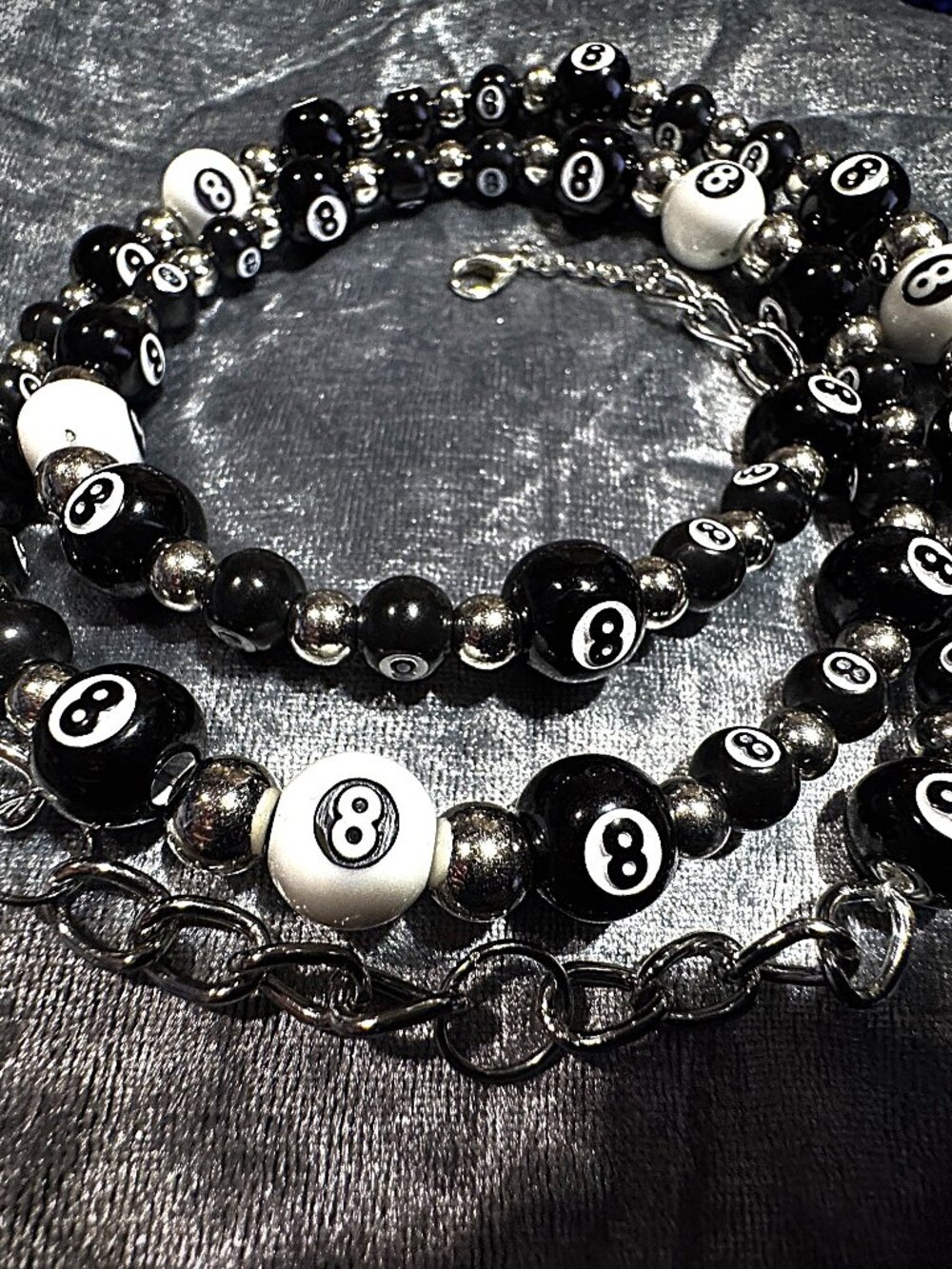 8 Ball Pool Tennis Necklace Black White, White Gold Plated 12 Mm